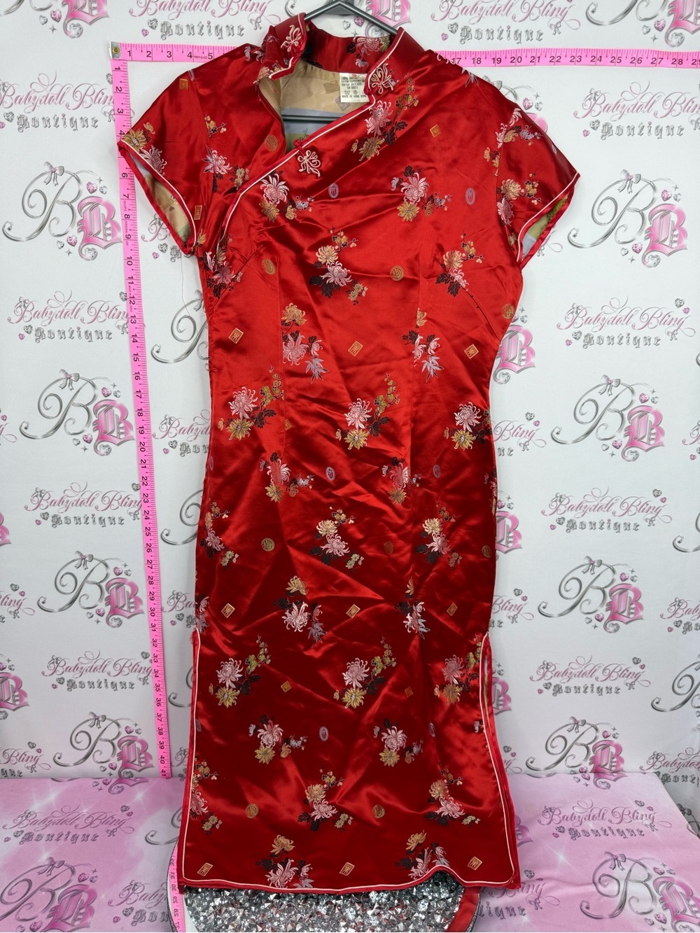 Dress Hong Kong Red Floral Satin Chinese Cheongsam Dress